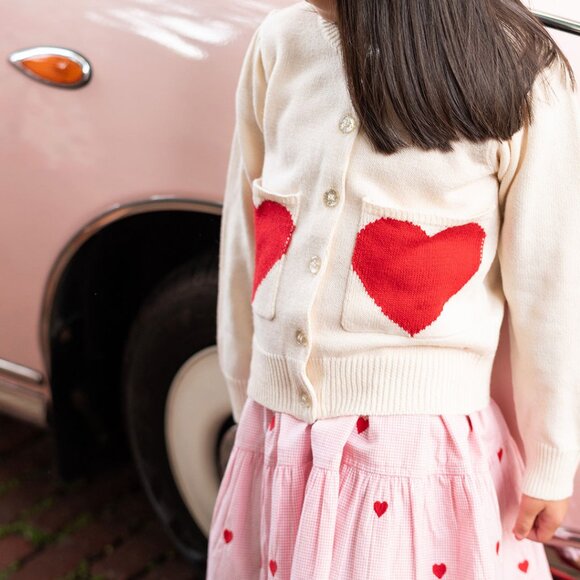 PINK CHICKEN Girls 6Y Cream Red Heart Pocket Glitter Buttons Cardigan Sweater - Picture 3 of 10
